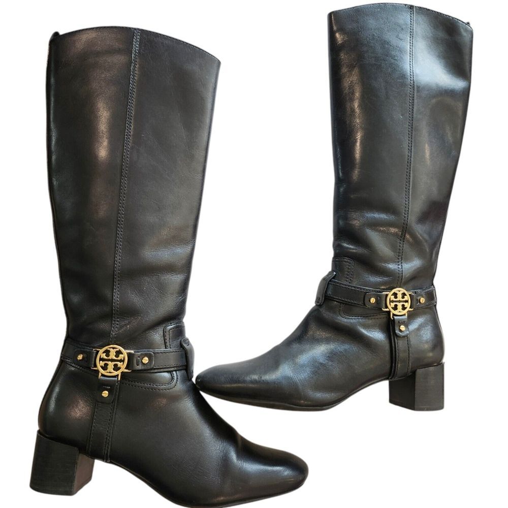 Tory‎ Burch Bristol Gold Logo Tall Black Leather Harness Zip Riding Boots 9.5 M